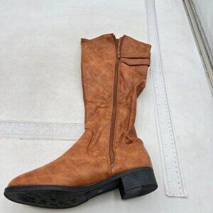 Women Round Toe Flat Riding Knee High Boots Wide Calf Buckled Strappy Boot Brown